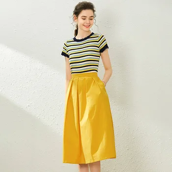 

Two Piece Set Skirt And Top Women's Summer New Round neck Short Sleeve Stripes Short Knitwears + Solid Color Skirt Set S-L