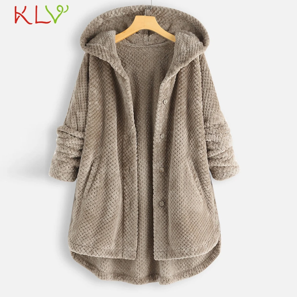 Women Jacket Hooded Fleece Pocket Warm Winter Coat Fluffy Button Casual Top Outwear Clothes Plus Size Manteau Femme 5XL 19Oct