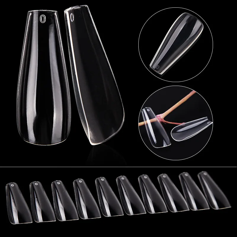 

New 600pcs False Nail Tips Set Natural Ballerina Transparent Coffin Flat Artificial Ongles Long Full Fake Nails Art Manicure Bag