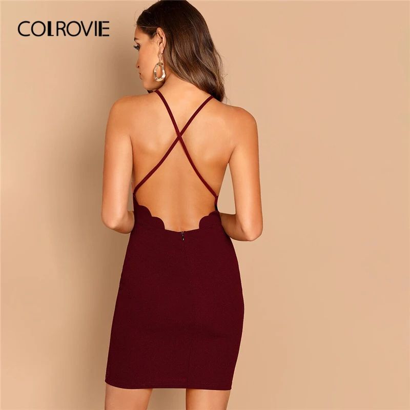 

COLROVIE Cross Back Scalloped Trim Bodycon Dress Women Solid Backless Sexy Mini Dress 2019 Summer Halter Pencil Dresses