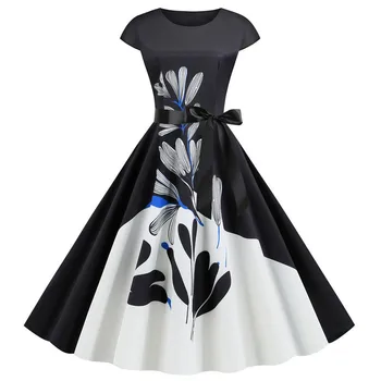 

Vintage Summer Dress Women 2020 Fashion O-neck Black Floral Printed Swing Short Sleeve Elegant Party 50S Rockabilly Dress A Line