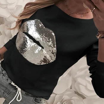 

Black White Casual Tee Shirt Sequined Lip T-shirts Long Sleeve Office Lady T shirts Femme O-Neck Hot Spring Women Tops G1113