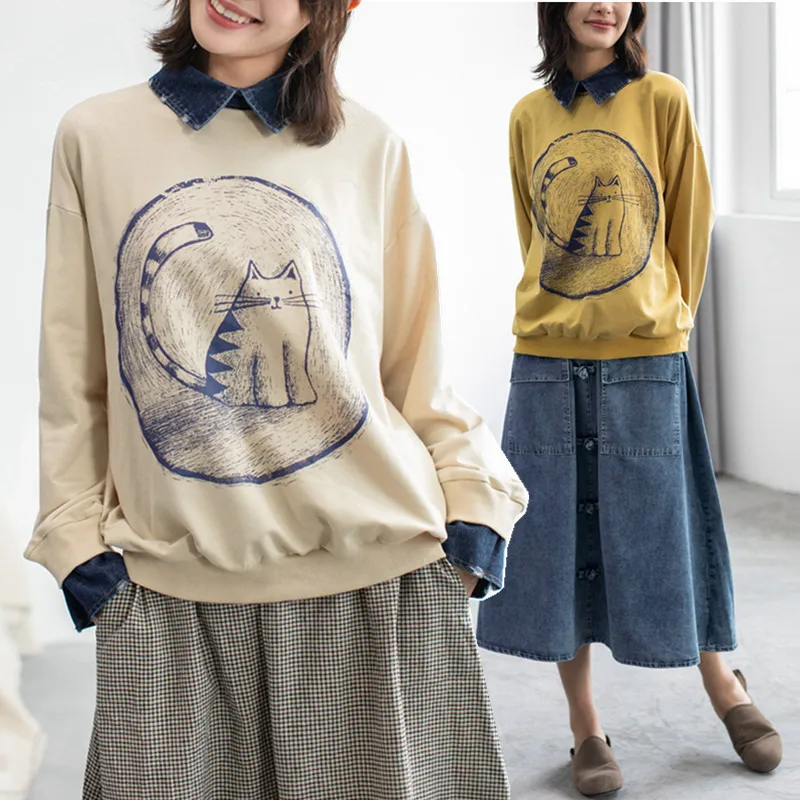 

BIG SIZE Spring Autumn Women Fashion Elegant Cartoon Spliced Tops Ladies Female Plus Large Long Sleeve Casual Cotton T shirt
