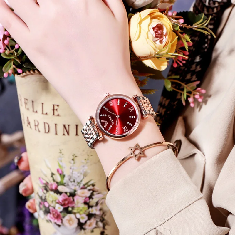 

Watch Women Red Dial Luxury Crystal Ladies Dress Wrist Watches For Women Bracelet Waterproof Steel Clock relogio feminino xfcs