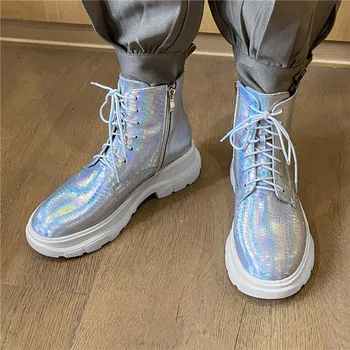 

Round Toe Thick-soled Motorcycle Boots Leather Platform Women's Shoes High Heel All-match Ankle Boots Autumn Winter Laces Boots