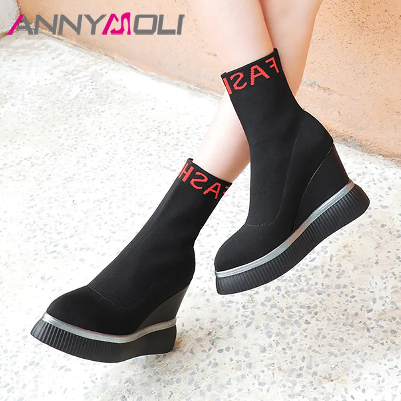 

ANNYMOLI Autumn Ankle Boots Women Knitting Platform Wedge Heel Short Boots Slip On Extreme High Heel Shoes Ladies Big Size 34-43