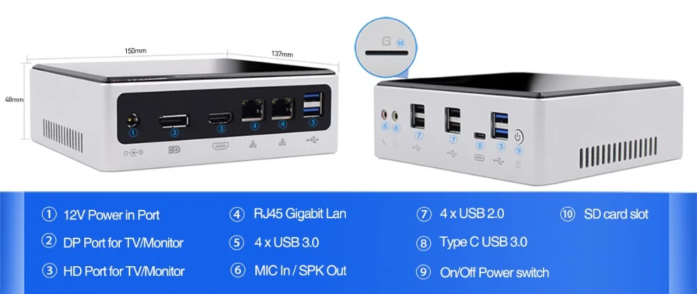 10th Gen ITX Mini PC with Intel Core I7 10610U, 8559U, I5 10210U, 8259U, M.2 NVME SSD, PCIE Wifi, Type-C – Compact Computer with I3 7020U and SD Card Slot Description Image.This Product Can Be Found With The Tag Names Barebone Mini PC, Computer Office, Mini pc