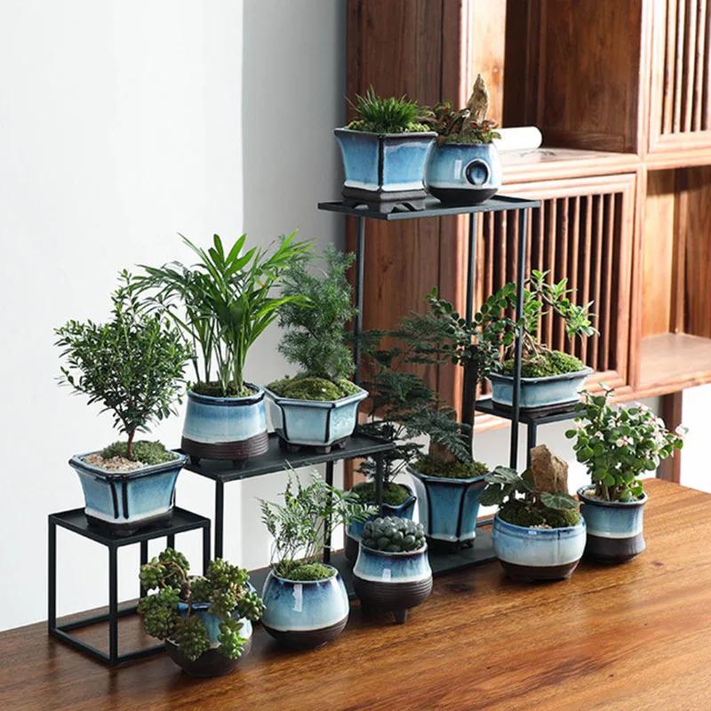 TianmuGlazeBlueBonsaiPotBreathableContainerCeramicFlowerpot