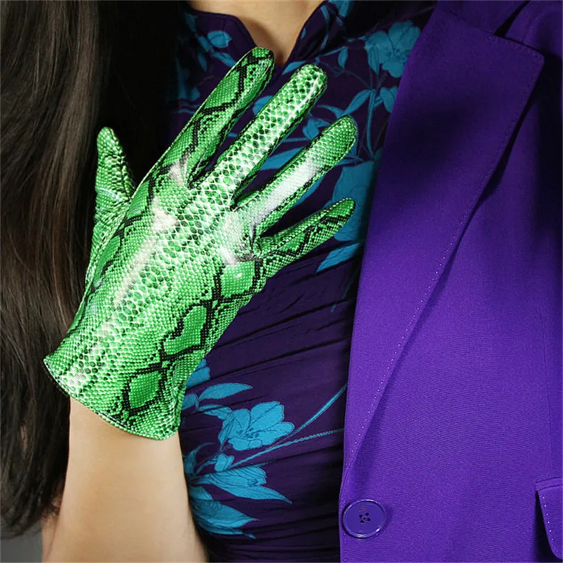 Snakeskin Short Gloves 21cm Patent Leather Emulation Leather PU Bright Leather Animal Python Green Snake pattern Female WPU105