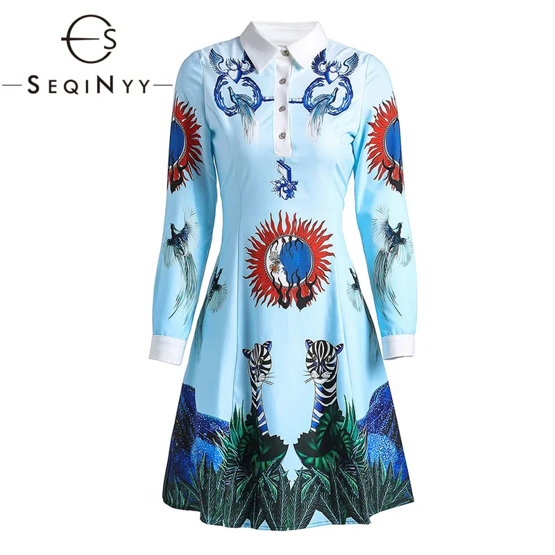

SEQINYY Mini Dress 2020 Summer Spring New Fashion Design Long Sleeve Animals Flowers Printed Casual Dress