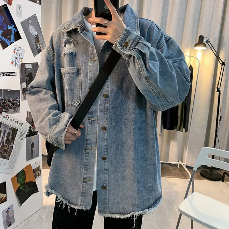 

Autumn Ripped Denim Jacket Men's Fashion Retro Casual Hole Denim Jackets Mens Streetwear Wild Loose Hip Hop Bomber Jacket Men