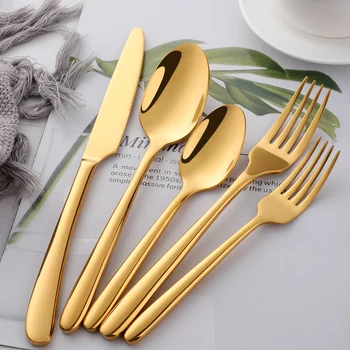 

New 5pcs Golden stainless steel cutlery set thick handle food serving fork knife soup coffee spoons silver metal tableware set