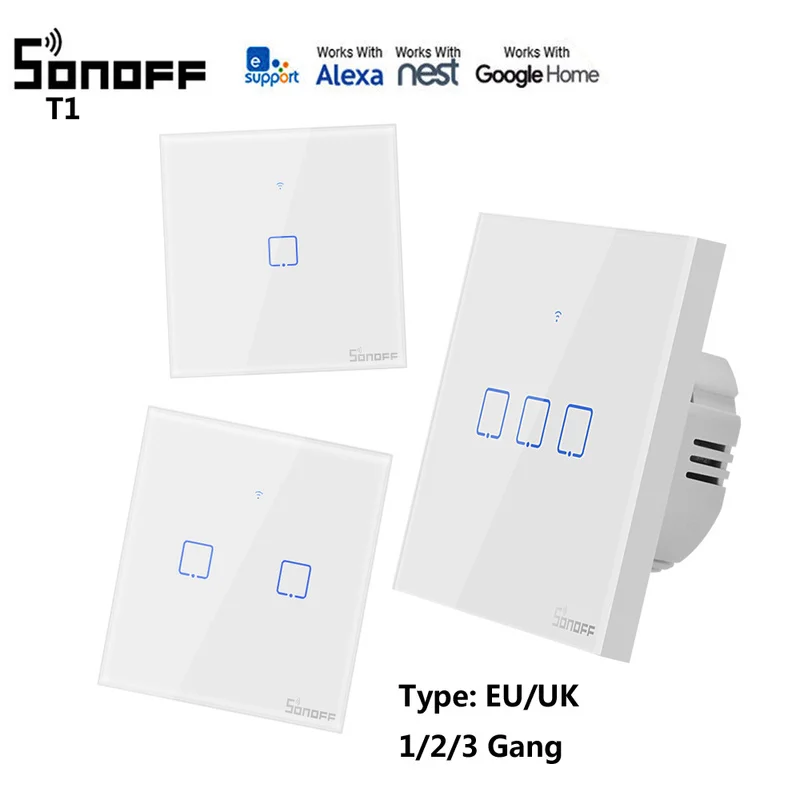 

SONOFF T1 smart switch panel EU/UK standard 1/2/3 Gang Work with Alexa Google home 433mhz RF control by eWeLink for Dropshipping