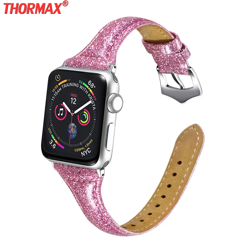 Ремешок кожаный для Apple Watch Band Series 5 4 3 2 тонкий браслет с блестками iWatch 40/44/38/42 мм