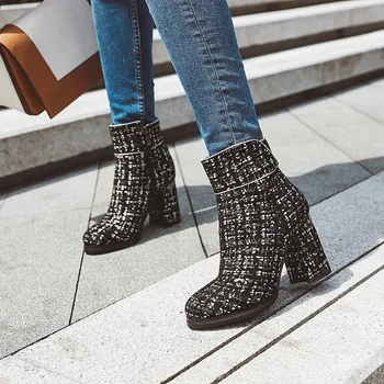 

2019 Faux Suede Ankle Boots Women Chunky Heeled Plush Shoe Woman Chic Shoes Lady Brown Chocolate Boot Zapatos De Mujer Zip