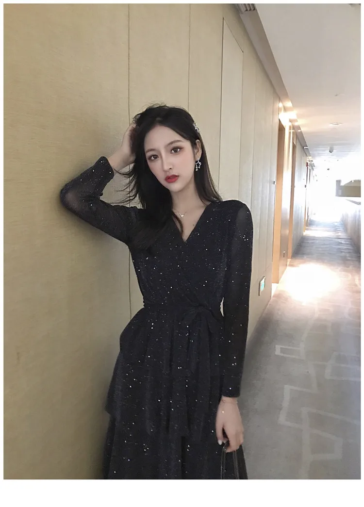 Весеннее и летнее элегантное Bling2019 весенняя одежда сексуальное торжественное платье черное платье с v-образным вырезом Длинные юбки женское нарядное платье