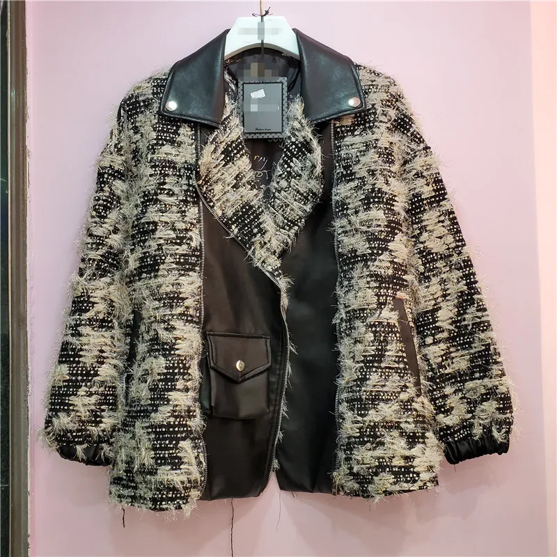 

Loose Female Autumn Jacket 2020 New Tweed Flower Knitted Stitching PU Leather Jackets Loose Long Sleeve Women's Overcoat Outwear