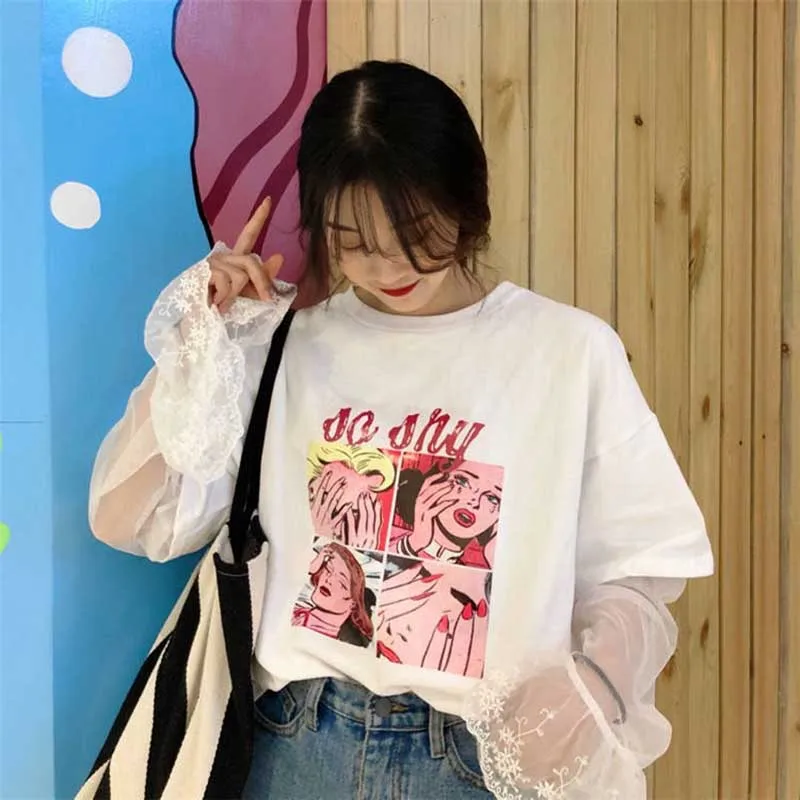 NiceMixKorea стильная футболка в стиле Харадзюку женская футболка с мультяшным принтом кружевная прошитая футболка с длинным рукавом свободная футболка