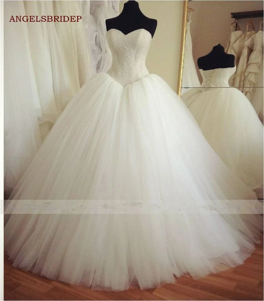 

ANGELSBRIDEP Waist Tulle Wedding Dresses Vestidos De Novia Sweetheart Sparkly Beaded Corset Robe De Mariage Lace-up Fashion HOT