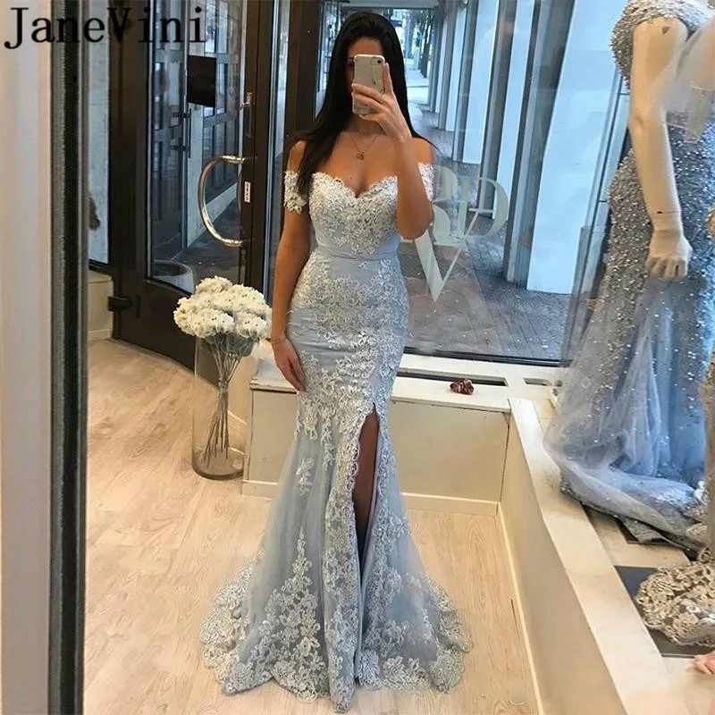 Janevini Elegante Zilveren Mermaid Party Gown Sexy Split Tulle Lace White Applicaties Lange Prom Avondjurken 2020 Vestidos Fiesta Janevini Elegante Zilveren Mermaid Party Gown Sexy Split Tulle Lace White Applicaties Lange Prom Avondjurken 2020 Vestidos Fiesta