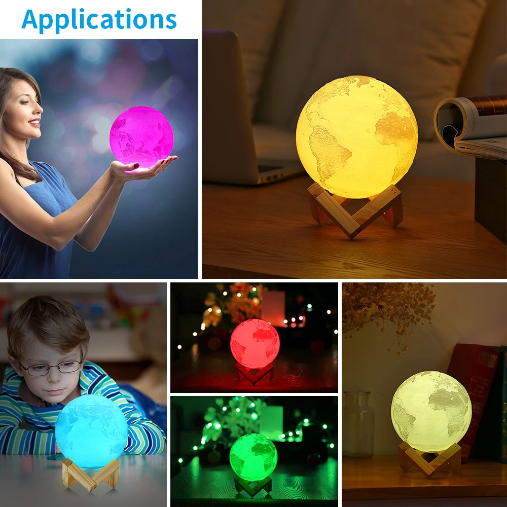 Перезаряжаемая лампа с 3D принтом земли, RGB, изменение цвета, пульт дистанционного управления, сенсорный переключатель для спальни, книжный шкаф, Ночной светильник, домашний креативный Декор
