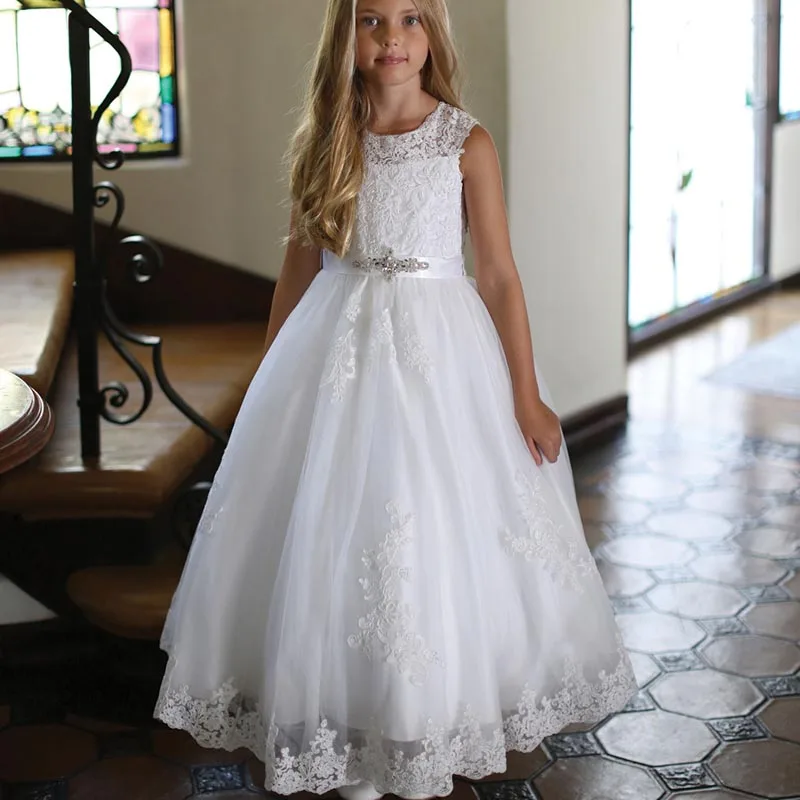 

Оптовая продажа, белое кружевное платье принцессы без рукавов с цветочным рисунком, украшенное бисером, с бантом на поясе, платье для святой причастия, с аппликацией