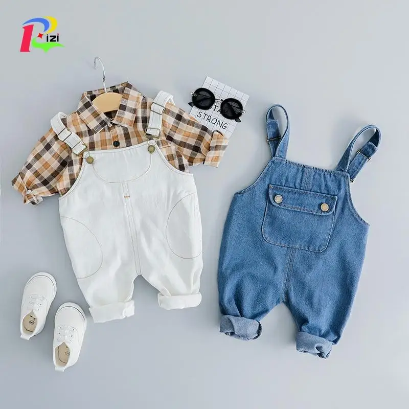 Ropa Bebe/ г., новая весенняя одежда для мальчиков Одежда для маленьких девочек Рубашка в клетку+ однотонные джинсы на подтяжках 2 комплекта одежда для маленьких мальчиков