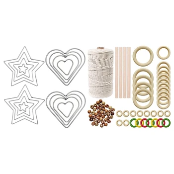 

NEW-16 Pcs DIY Craft Dream Catchers Star and Heart Shape Rings Metal Hoops (Silver) with Macrame Cord Macrame Rope