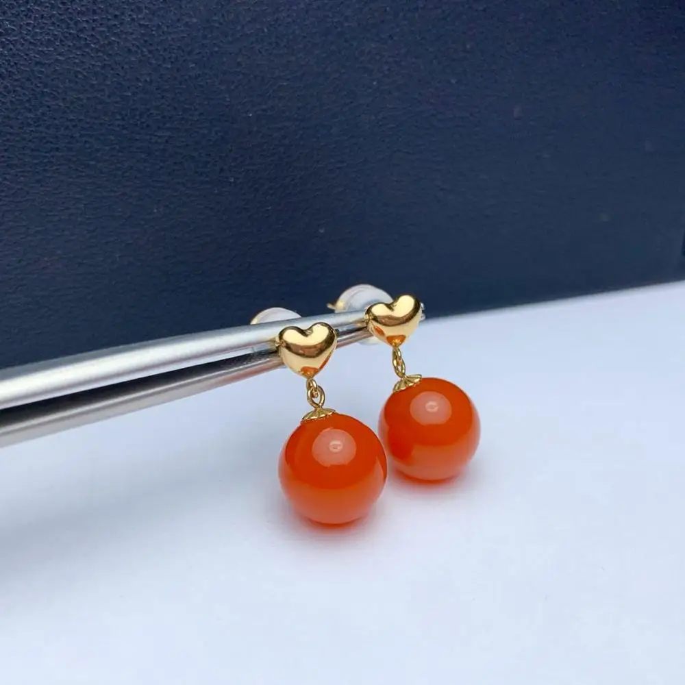 Серьги гвоздики shilovem из розового золота 18 К с натуральным Южно красным агатом