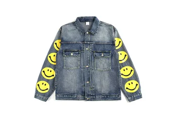

Vintage Washed Smile Face Printed Denim Jacket Coat Men Women Washed Hiphop Streetwear Bee Embroidery Men Denim Jean Jacket