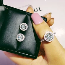 925 пробы, серебряные ювелирные изделия, набор, halo, обручальное кольцо, круглые серьги-гвоздики для свадьбы, Рождество, День Святого Валентина, подарок, вечерние, J416