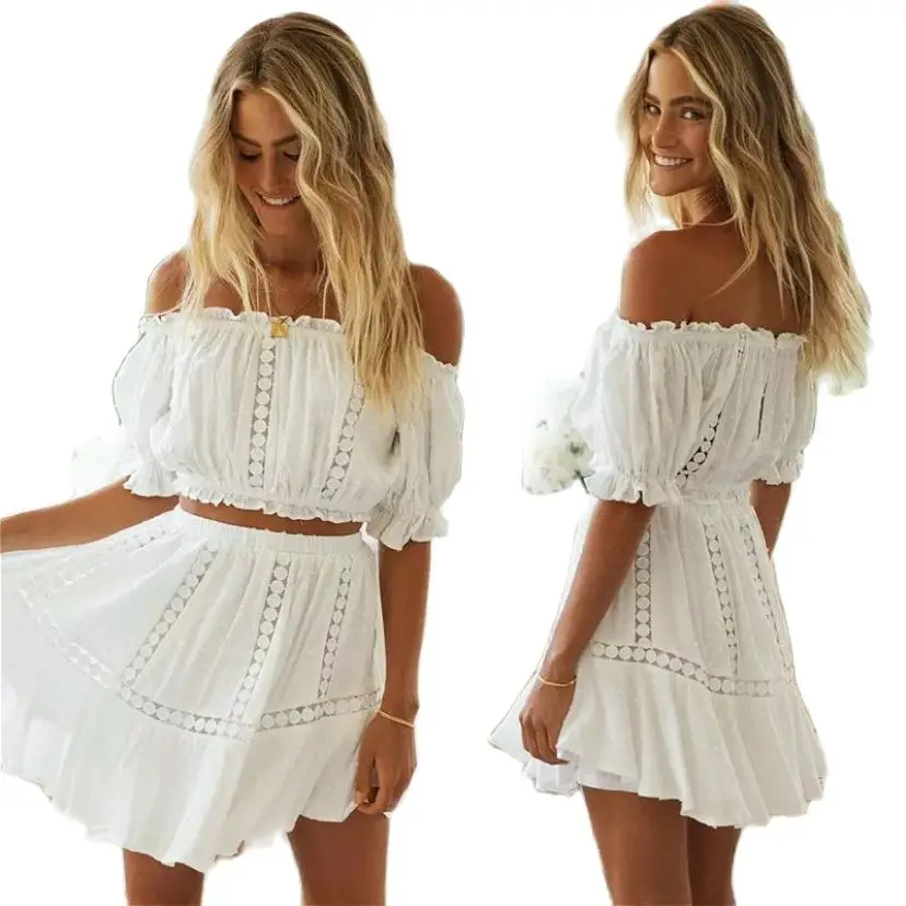 Elegant Off Shoulder White Lace Ruffle Mini Dress Sets Summer Women Hollow Sexy Mini Skirts Beach 2 Pieces Set Short Dresses