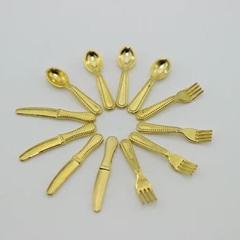 

12pcs Mini Vintage Dollhouse Miniatures Tableware Cutlery Gold Knife Fork Spoon Children Toy Doll House Kitchen Toy Casa Vajilla