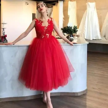

Beautiful Short Red Evening Dress Tea Length Tulle Lace Prom Party Dresses Sleeveless robe de soiree courte 2019 Graduation Gown