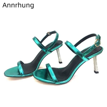 

Rhinestone Thin High Heel Sandals Women Chic One Strap Open Toe Patent Leather Ladies Shoes Sexy Crystal High Heels Sandalias
