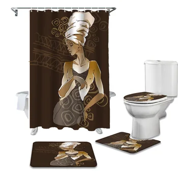 

African Women National Culture Ethnic Shower Curtains Set Bath Mat Set Toilet Cover Waterproof Shower Curtain Set Bath Mats Rugs