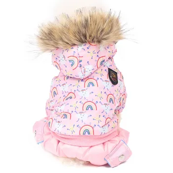 

Pet Autumn Winter Four-Legged Coat With Fur Neck Dogs Flowers And Dots Pattern Warm Hoodies High Quality