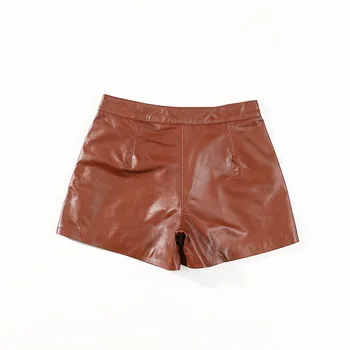 

Women 2020 Genuine Leather Shorts Brown Casual Zipper Female Shorts Sexy Vintage Korean Style Real Sheepskin Ladies Mini Shorts