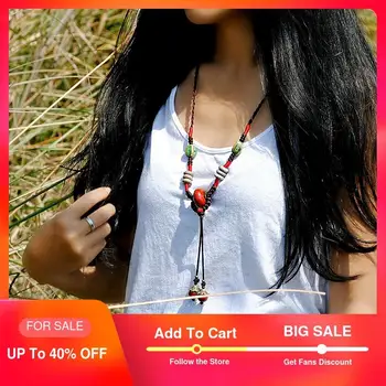 

long ceramic necklace ethnic vintage jewelry for women chain porcelain pendant bronze red stone flower drop pineapple knot rope