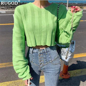 

RUGOD Solid elegant women sweater Fashion auturm short style green pullover sweaters female jersey mujer invierno 2019