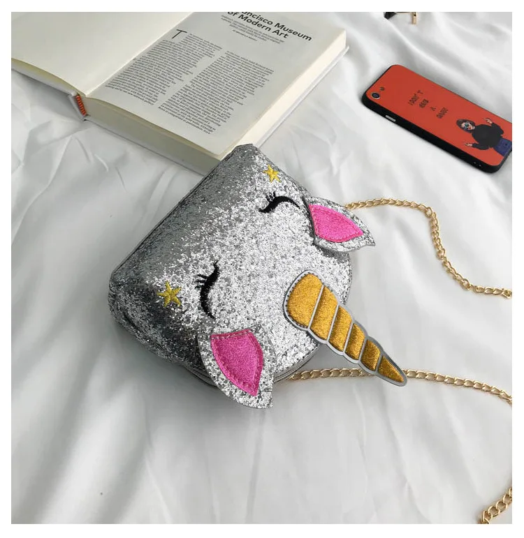 Kids Sequin Gillter Unicorn Handbag Purse Kuwaii Pink Silver Unicorn Crossbody Bags for Little Girls Mini Leather Shoulder Purse (14)