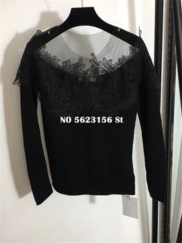 

New Autumn Wool Sweater luxury design Flower Lace Mesh Splicing Black Pullover Sweater Long Sleeve Knitting Women Winter Top