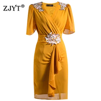 

Runway Dress Designers 2020 New Fashion Summer Woman Clothes Elegant Short Sleeve Flower Embroidery Slim Fit Party Dresses