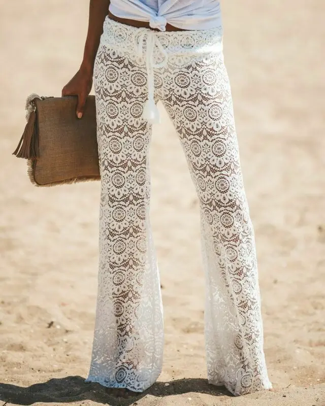 white lace flared trousers