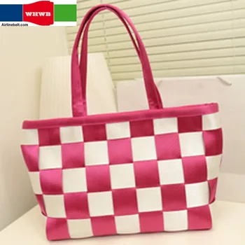 

Comely woven polyester seat belt women fashion tote handbag streamline seat belt satchel purse Chess and disc type splicing