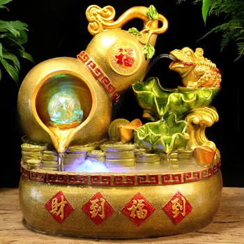 

220V Lucky Feng Shui Water Fountain Golden Resin Flowing Fountains Ornaments Indoor Desktop Waterfall Home Decor Gift Crafts