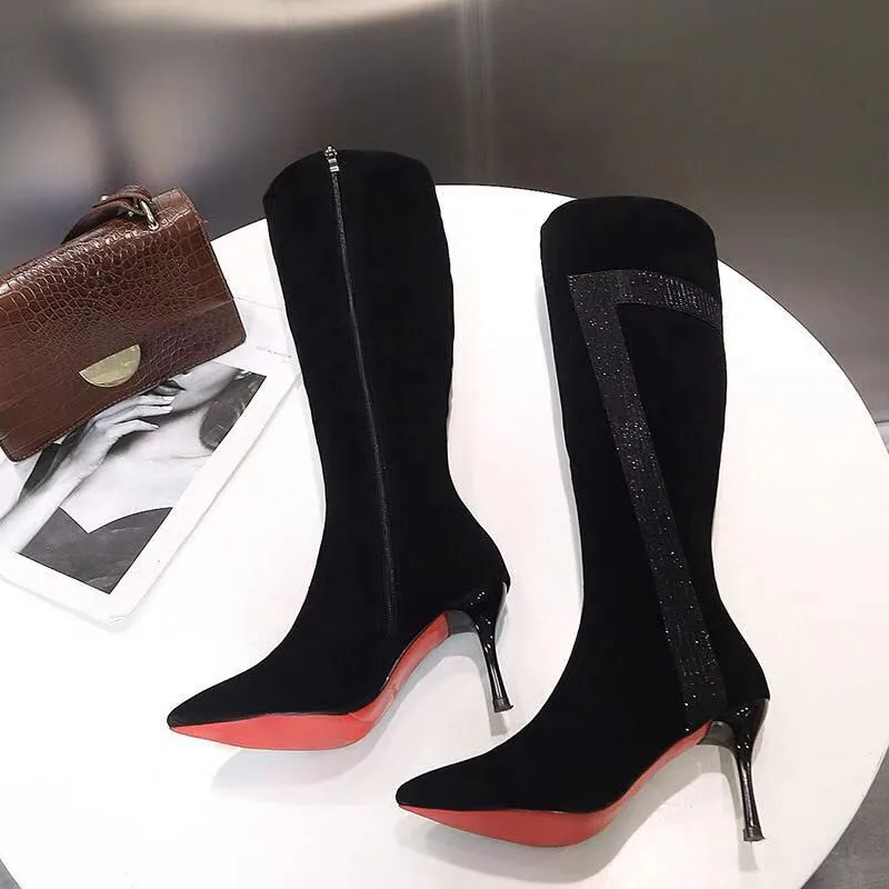 New Black Knee-High Boots Female Zipper Long Fenty Beauty High Heels Riding Women's Red Bottom botines mujer |