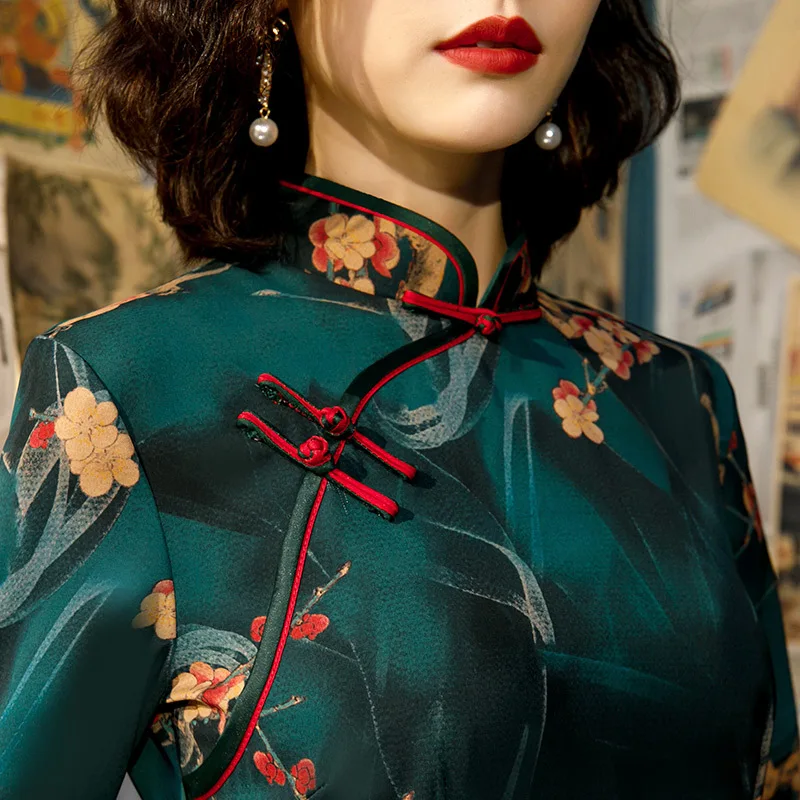 Spring New Green Elegant Retro Women Chinese Traditional Dress Qipao Printing Cheongsam Long Qi Pao Dresses Size 4XL