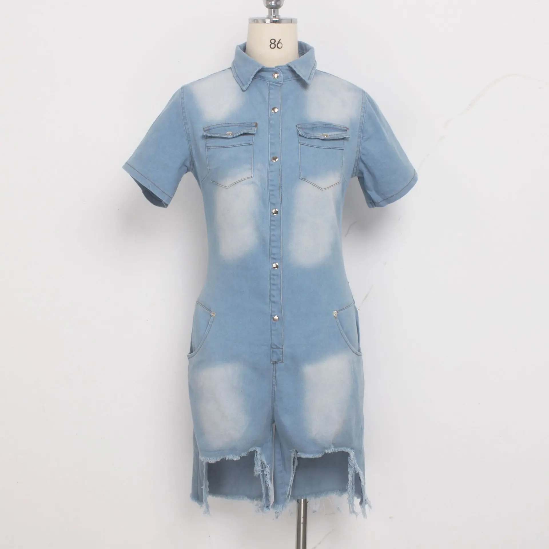 BKLD Fashion Women Jeans Bodysuit Short sleeve Turn Down Collar Denim Rompers Short Deep V-neck Jeans Rompers Womens Jumpsuit