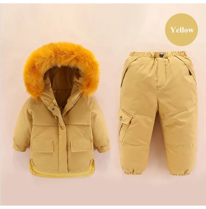 Для малышей и детей постарше Одежда для мальчиков-малышей комплекты одежды для девочек-30 градусов русской зимы пуховики пальто с капюшоном+ платье на лямках для снежной погоды Детский костюм